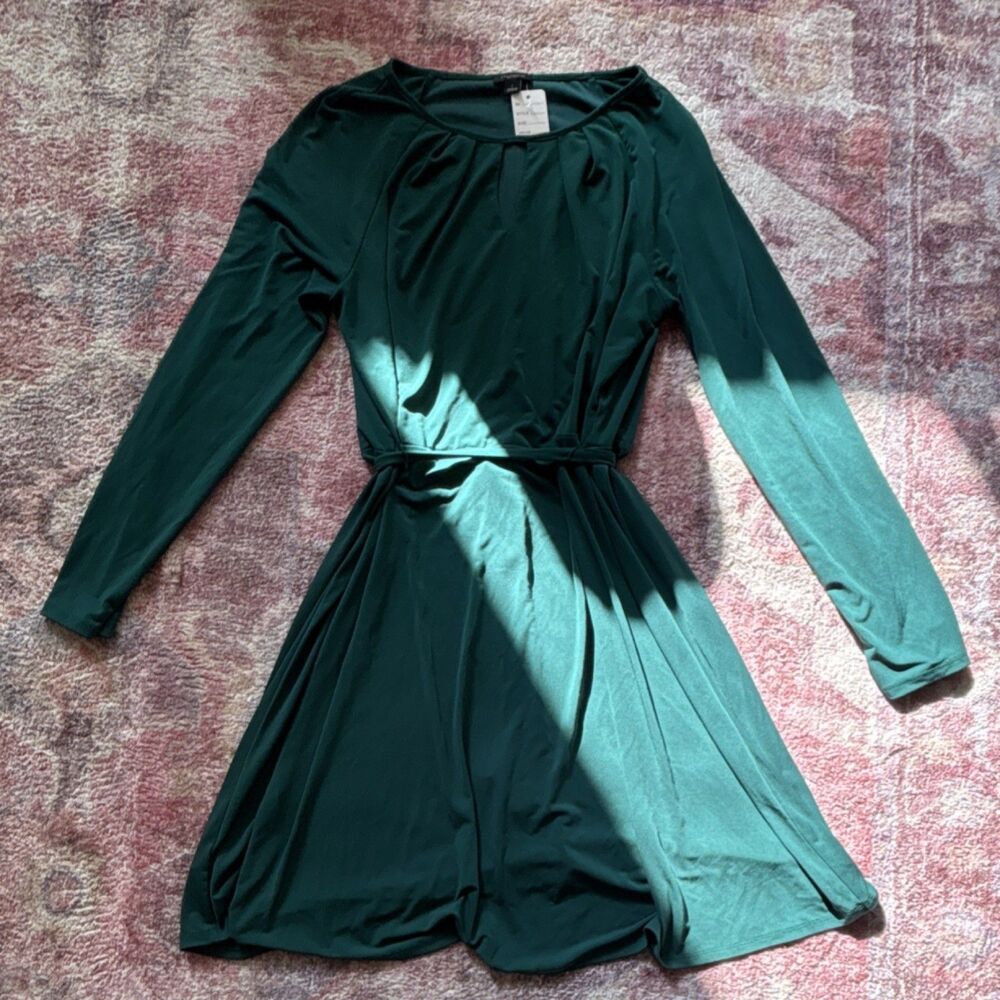 Ann Taylor Factory Green Knit A-Line Dress Tie Waist Pleats Long Sleeve L